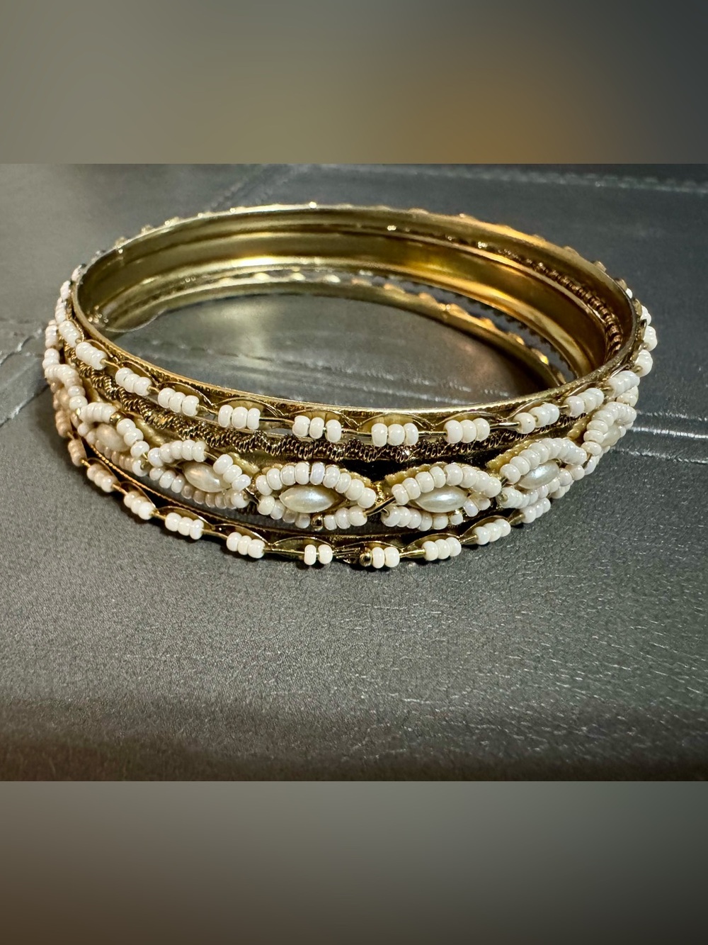 White Beaded Bangle Bracelet Set - Women's Jewelry